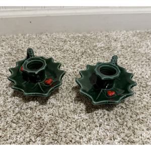 Vintage Pair (2) Holiday Christmas Lefton Holly Candlestick Holders Ceramic -BUB